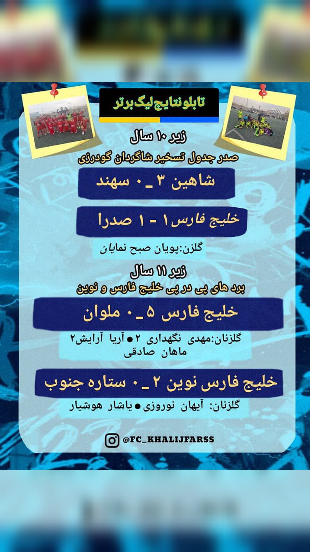 تابلو نتایج لیگ برتر شیراز )زیر۱۰،زیر۱۱ وزیر۱۲ سال)